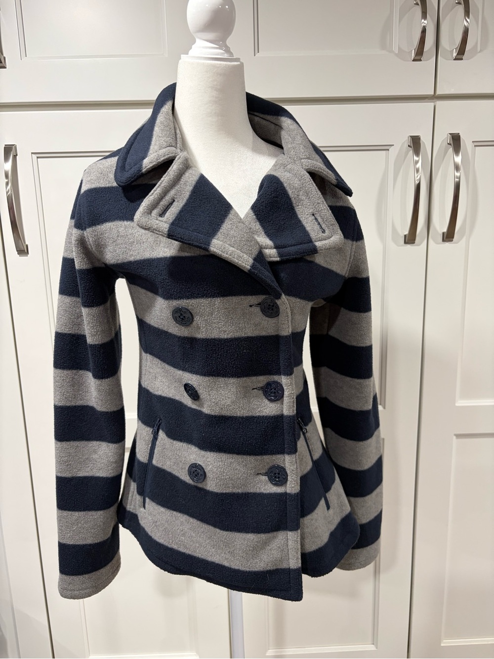 Nautica Navy & Gray Striped Double-Breasted Fleece Peacoat